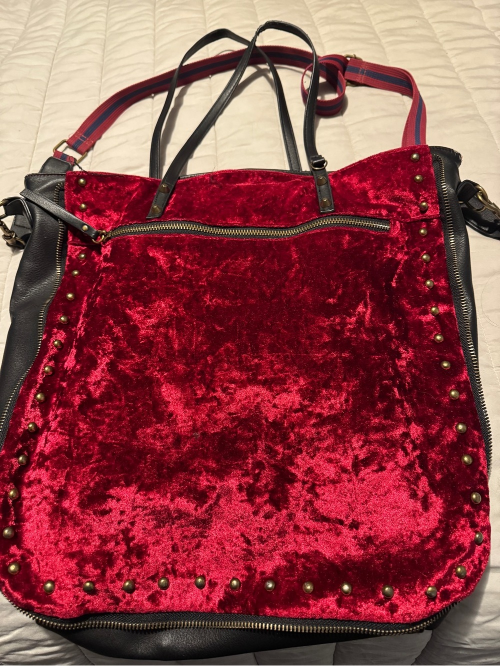 Red Velvet Studded Tote Bag - Women's Fashion Shoulder/Cross-body Bag